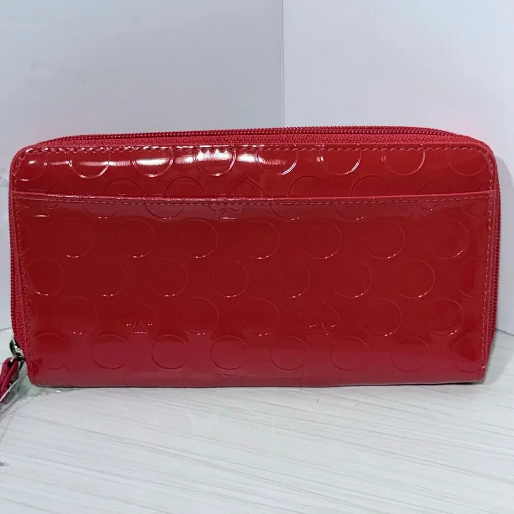Kate Spade Red Patent Leather Embossed Spade and Circle Motif Full Zip Wallet